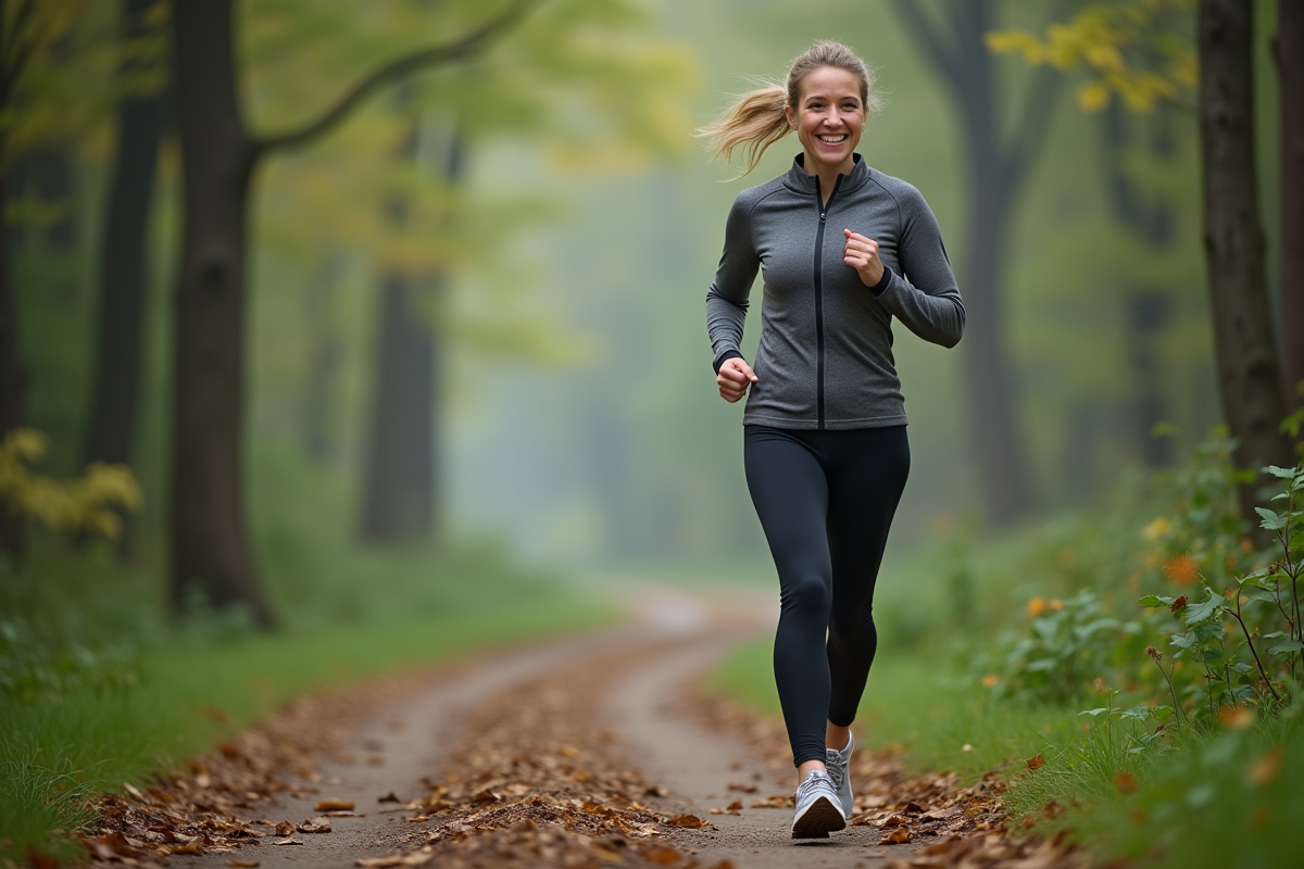 Femme en tenue de sport marchant dans la forêt verte