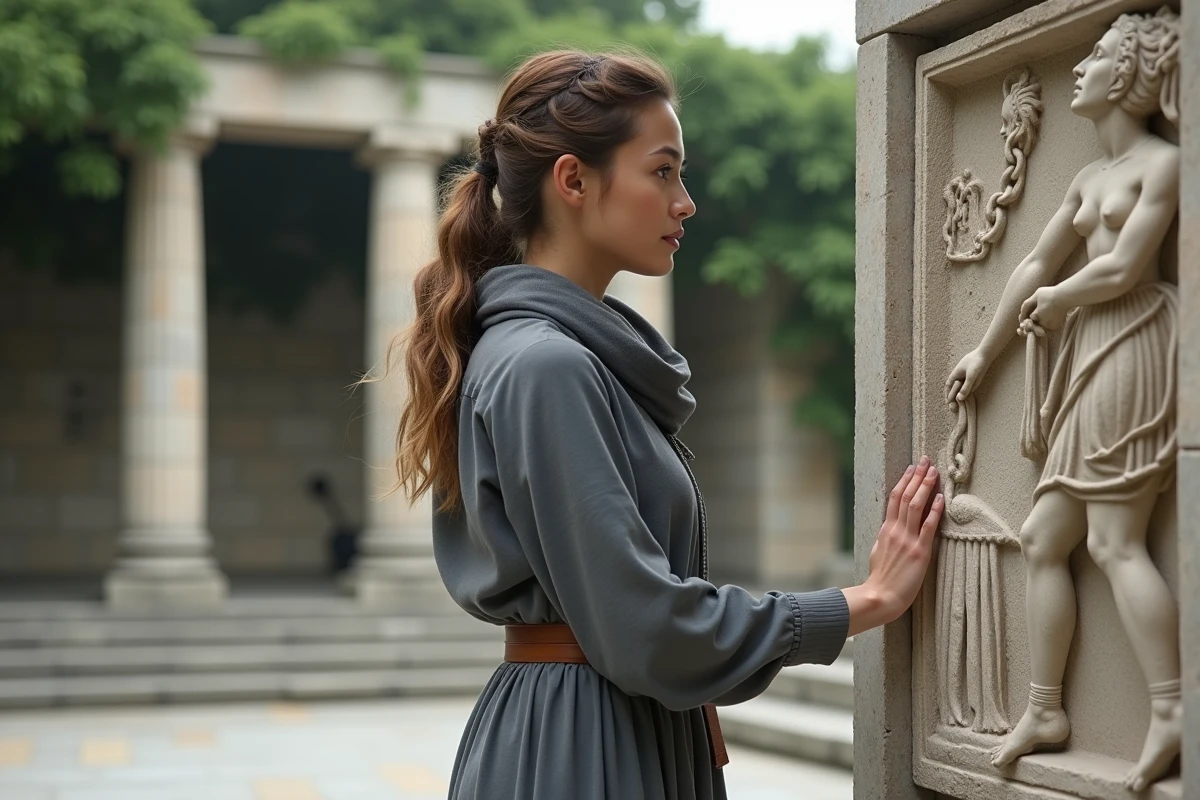 Jeune femme regardant un relief mythologique en ruines