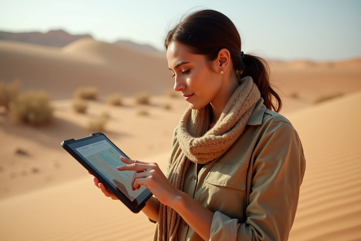 Jeune femme découvrant une carte interactive dans le désert
