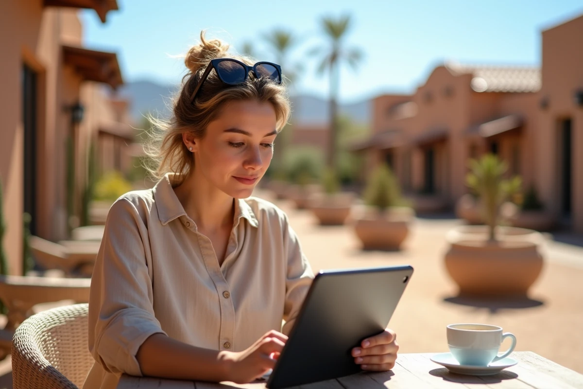 Jeune femme consultant Wikipédia sur une tablette en terrasse de café dans une ville du Nevada