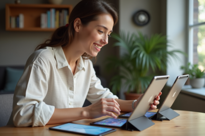Femme assise comparant des tablettes Android dans un intérieur scandinave