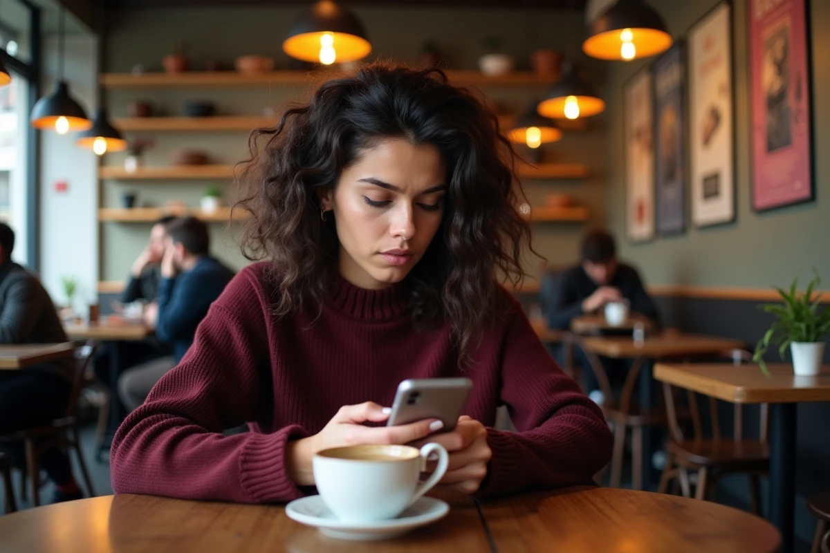 Jeune femme pensive dans un café consultant son téléphone, illustrant la réflexion individuelle face aux débats sur la cancel culture sur les réseaux sociaux