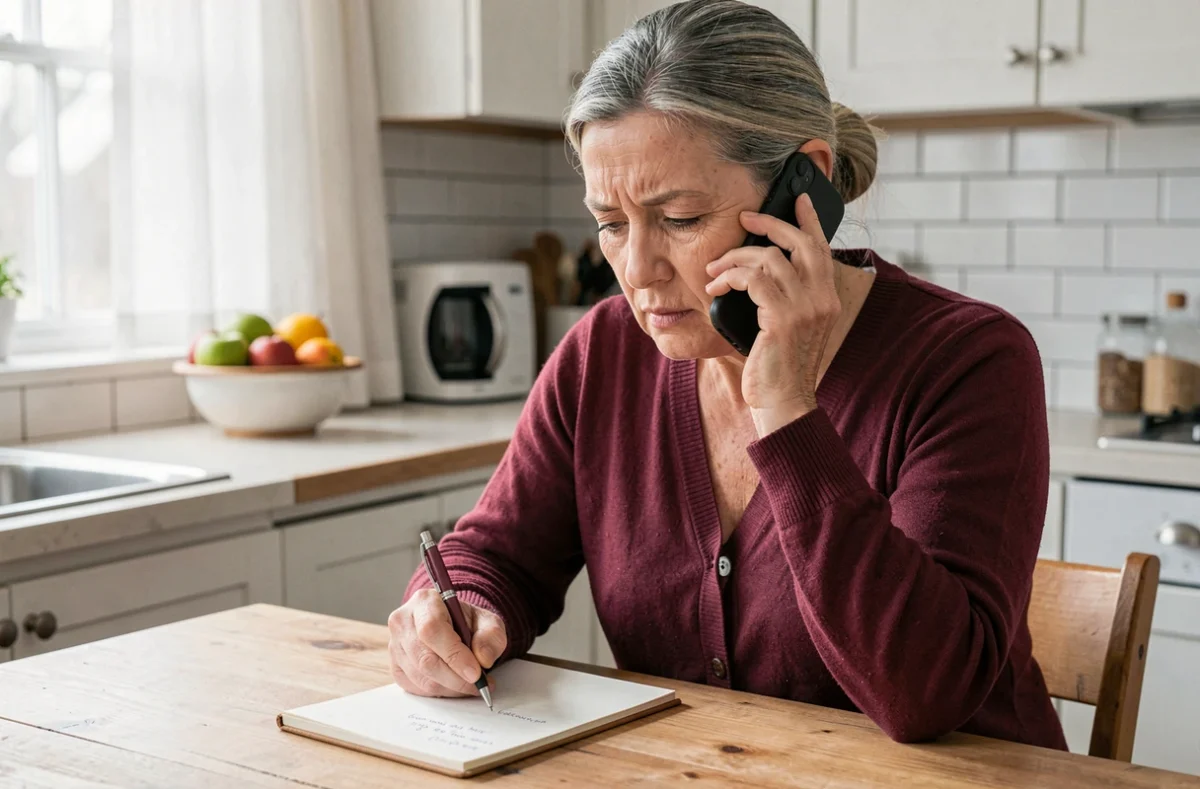 Femme d'une cinquantaine d'années téléphonant à France Travail depuis sa cuisine pour se renseigner sur les conditions de désinscription et le maintien de ses allocations