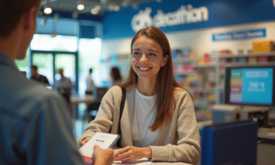 Jeune femme souriante remettant des bons vacances au caissier