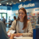 Jeune femme souriante remettant des bons vacances au caissier
