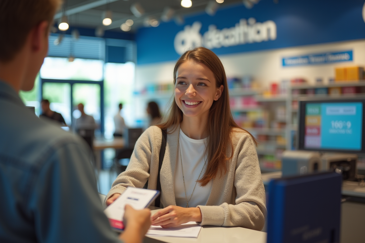 Jeune femme souriante remettant des bons vacances au caissier