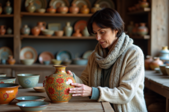 Femme française examine un vase en émail Longwy dans un atelier