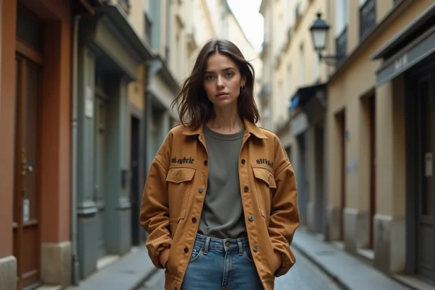 Jeune femme portant une veste brodée de la marque Faubourg de Paris dans une rue pavée du quartier populaire parisien