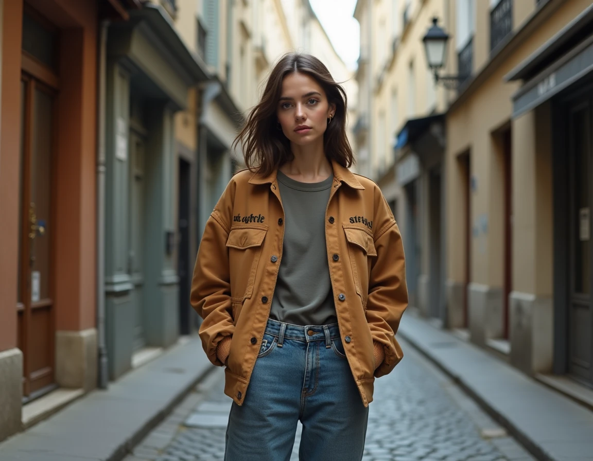 Jeune femme portant une veste brodée de la marque Faubourg de Paris dans une rue pavée du quartier populaire parisien