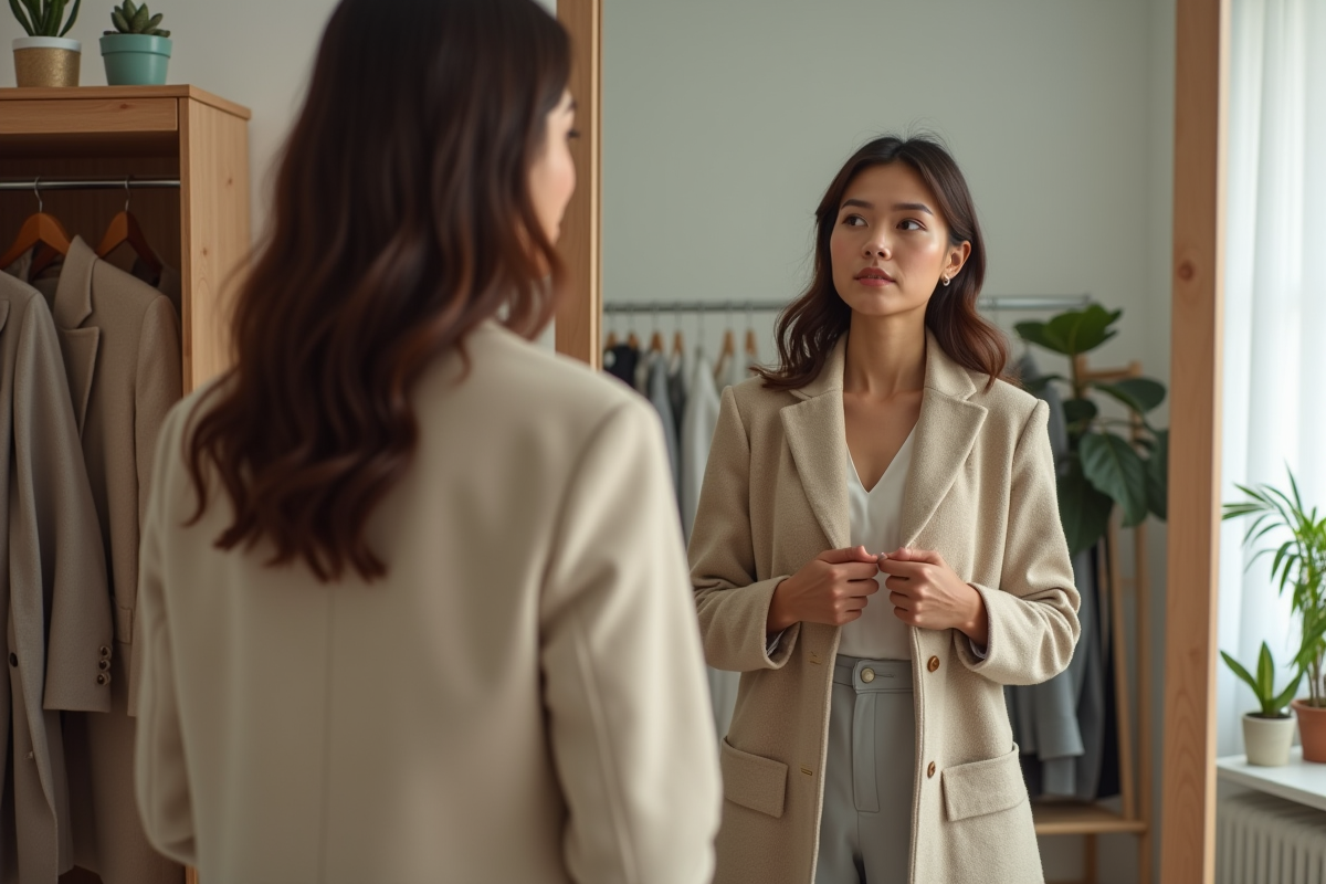 Femme examinant deux blazers dans un miroir lumineux