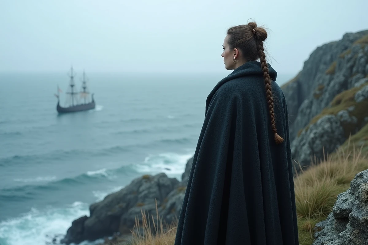 Femme viking de dos sur une falaise côtière nordique regardant un drakkar au loin dans la brume