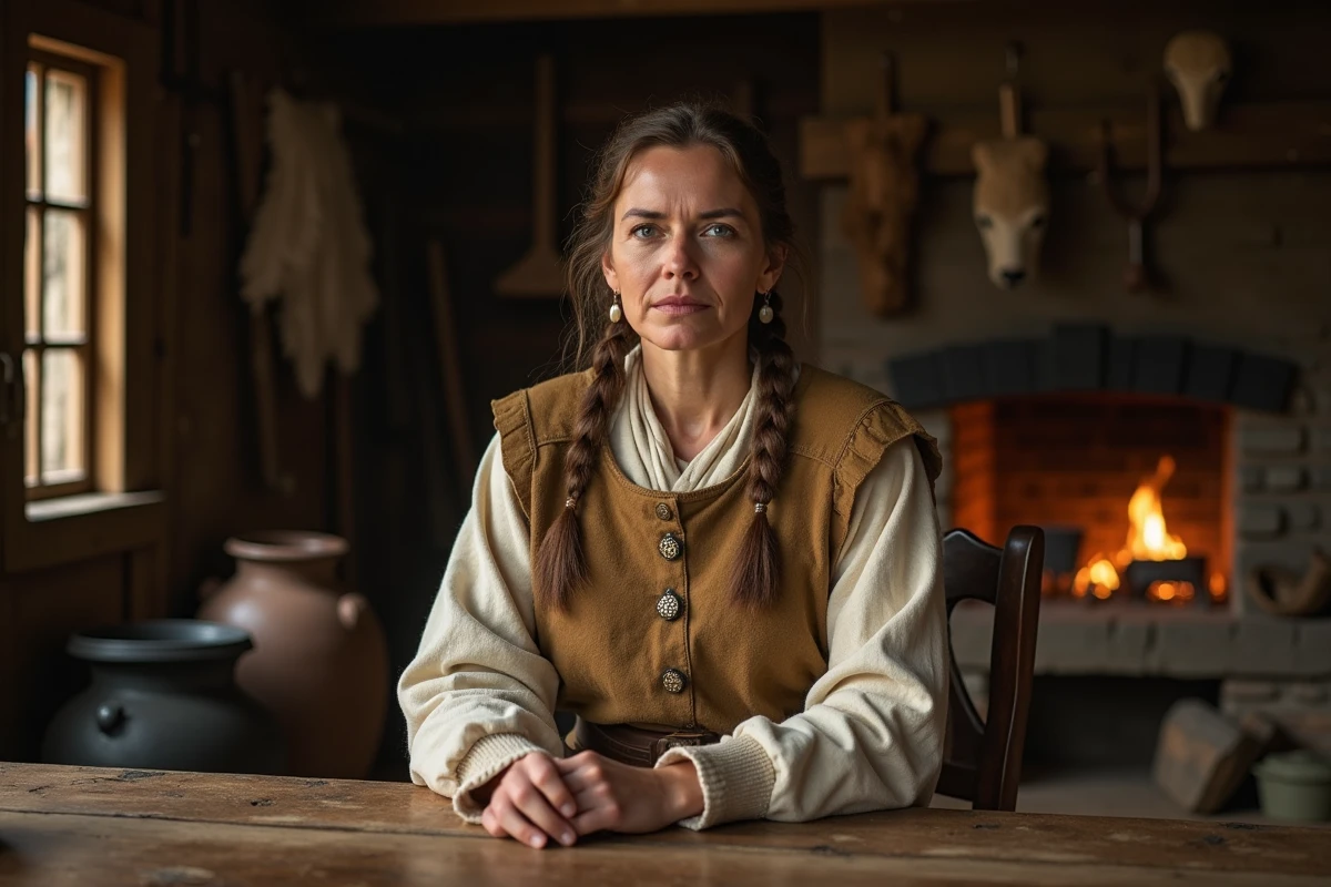 Femme viking assise dans un intérieur de maison longue historique avec décoration médiévale scandinave
