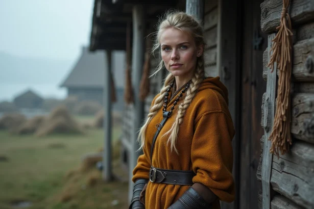 Femme viking nordique en tunique de laine devant une maison longue scandinave dans la brume