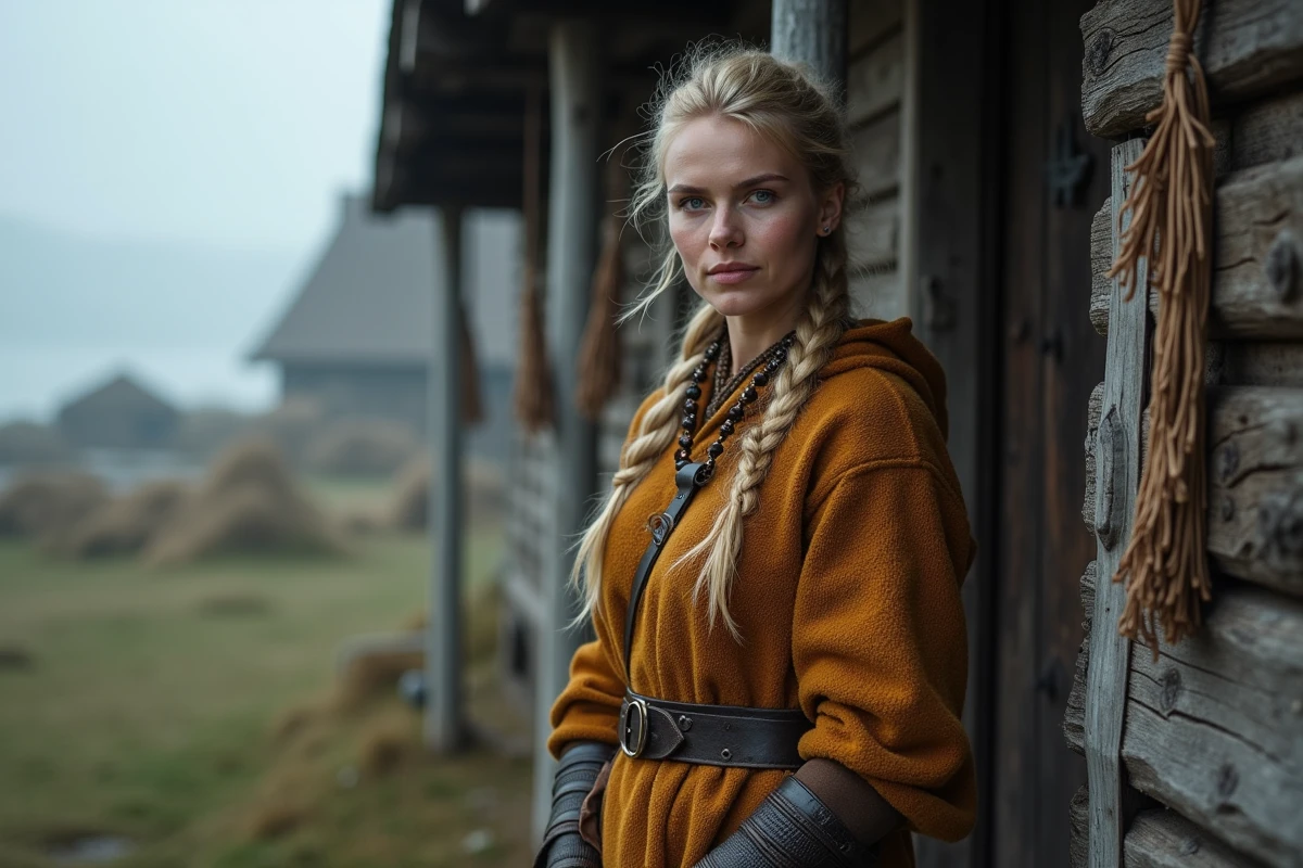 Femme viking nordique en tunique de laine devant une maison longue scandinave dans la brume