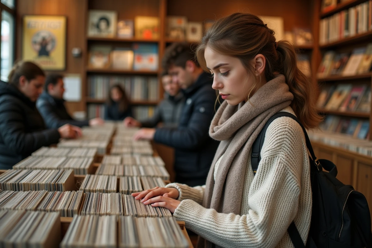 Jeune femme cherchant des vinyles dans un marché à Toulouse