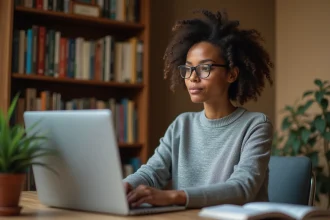 Femme consultant Wikipédia sur un ordinateur portable pour vérifier des informations sur une ville du Nevada