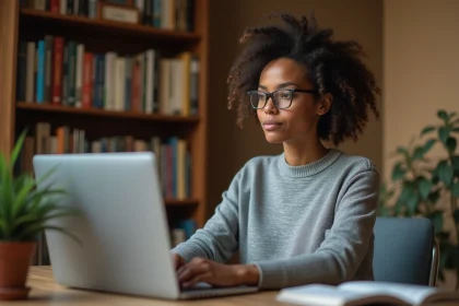 Femme consultant Wikipédia sur un ordinateur portable pour vérifier des informations sur une ville du Nevada