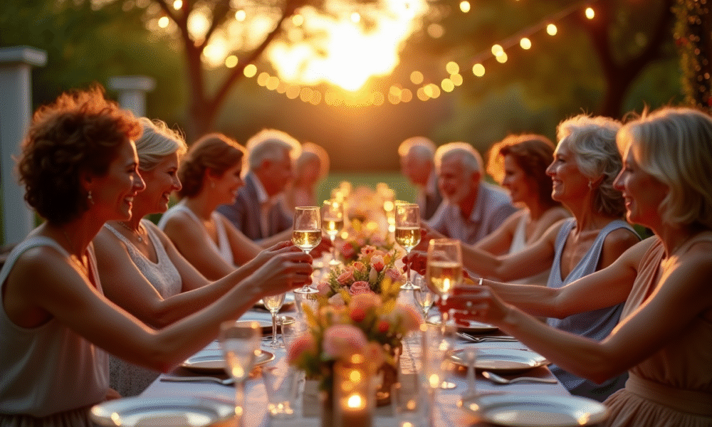 Fête en plein air au coucher du soleil avec un grand banquet