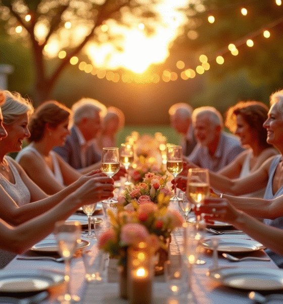 Fête en plein air au coucher du soleil avec un grand banquet