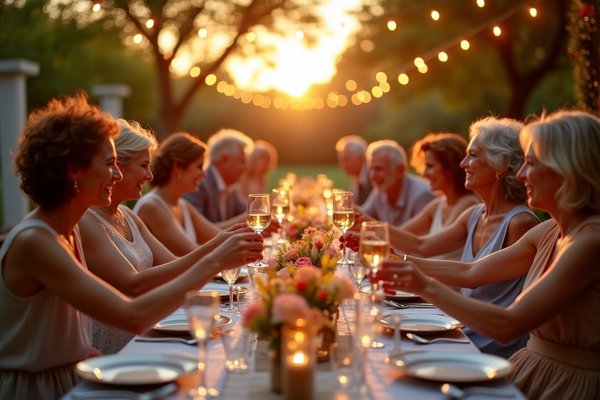 Fête en plein air au coucher du soleil avec un grand banquet