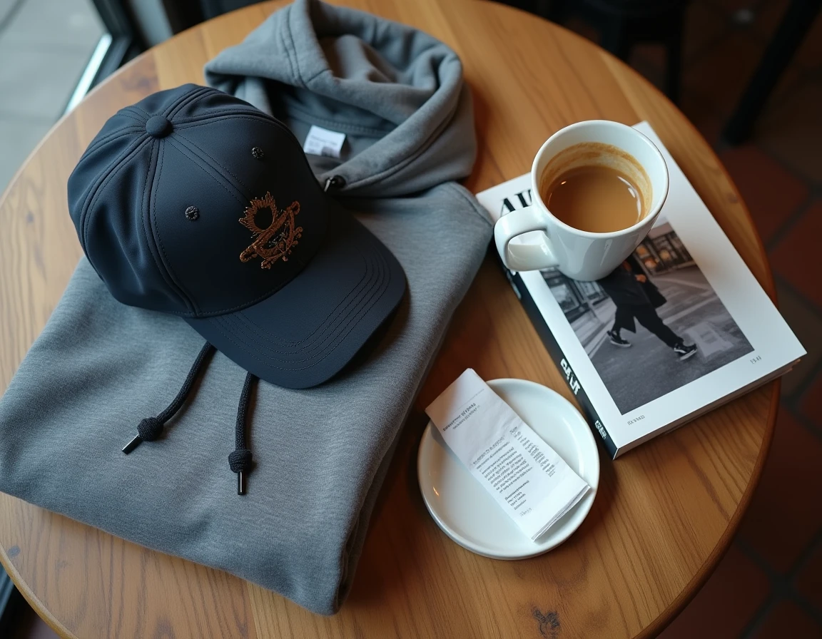 Flat-lay de vêtements et accessoires Faubourg de Paris sur une table de café parisien avec lookbook et tasse d'espresso