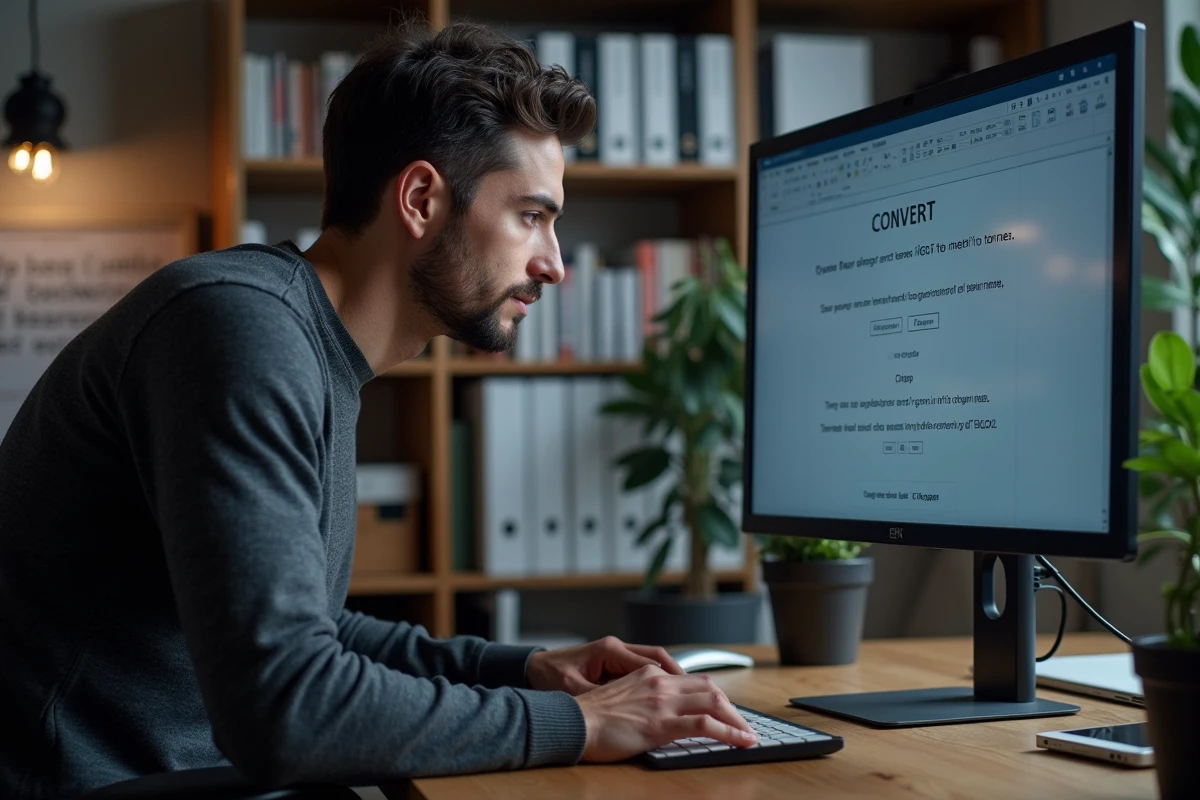 Homme analysant une formule de conversion kilogrammes en tonnes dans Excel sur un grand écran