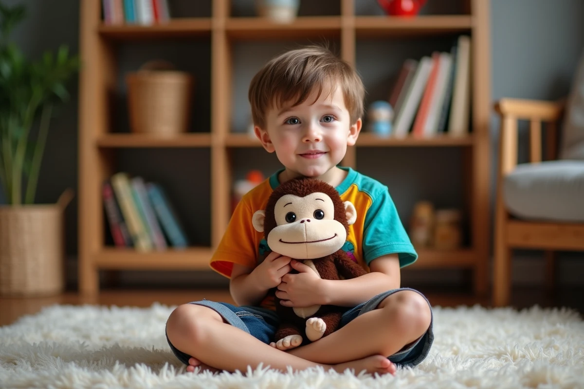 Garçon de 7 ans avec doudou Abu dans un salon moderne