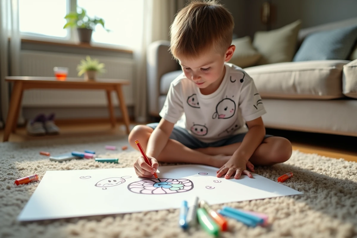 Garçon de dix ans dessinant un personnage kawaii sur le tapis du salon