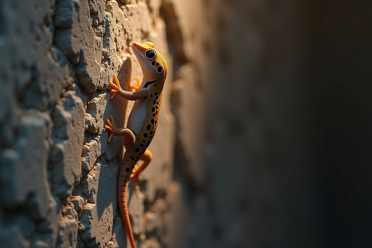 Gecko grimpant sur mur en pierre avec lumière naturelle