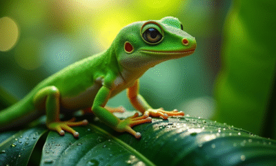 Gecko vert sur feuille tropicale humide en plein jour