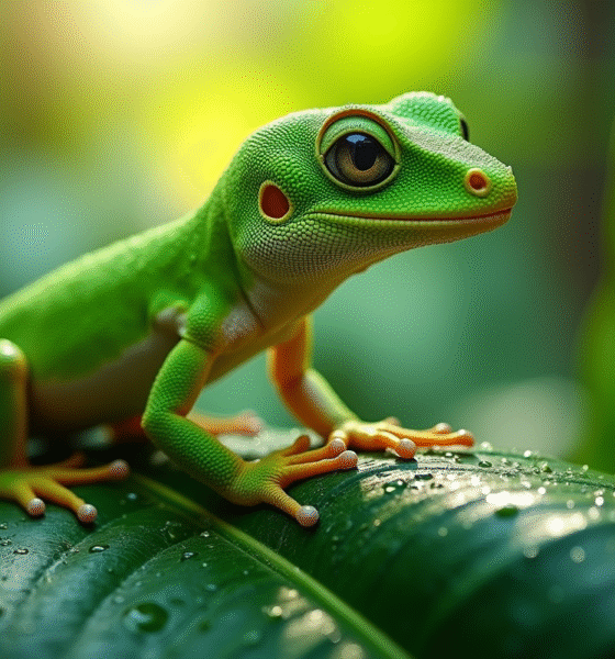 Gecko vert sur feuille tropicale humide en plein jour
