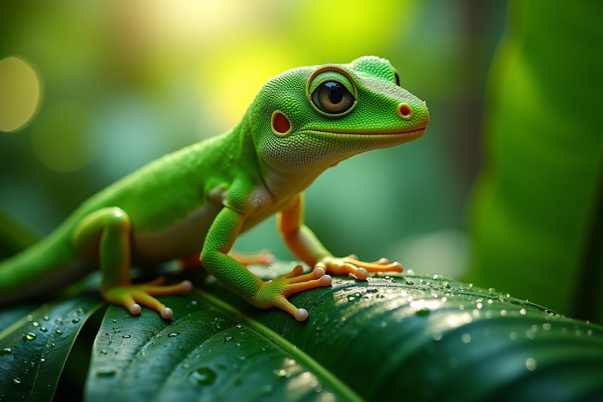 Gecko vert sur feuille tropicale humide en plein jour