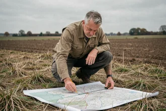 Géomètre professionnel mesurant un terrain agricole avec une carte topographique imprimée posée sur le sol, illustration de la conversion hectares en kilomètres carrés