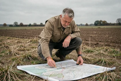 Géomètre professionnel mesurant un terrain agricole avec une carte topographique imprimée posée sur le sol, illustration de la conversion hectares en kilomètres carrés