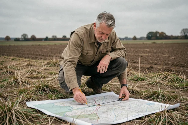Géomètre professionnel mesurant un terrain agricole avec une carte topographique imprimée posée sur le sol, illustration de la conversion hectares en kilomètres carrés