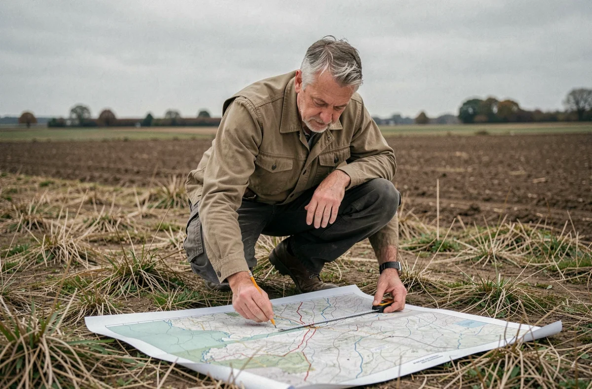 Géomètre professionnel mesurant un terrain agricole avec une carte topographique imprimée posée sur le sol, illustration de la conversion hectares en kilomètres carrés