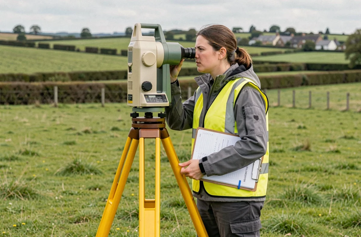 Géomètre femme sur le terrain avec un instrument de mesure pour délimiter des surfaces en hectares dans la campagne