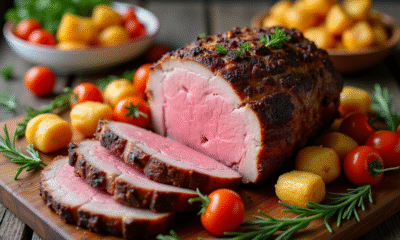 Gigot d'agneau tranché avec légumes colorés sur table rustique