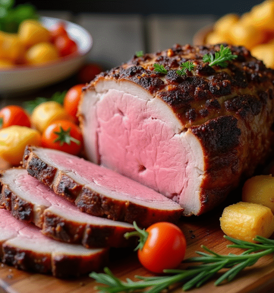 Gigot d'agneau tranché avec légumes colorés sur table rustique