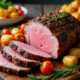 Gigot d'agneau tranché avec légumes colorés sur table rustique