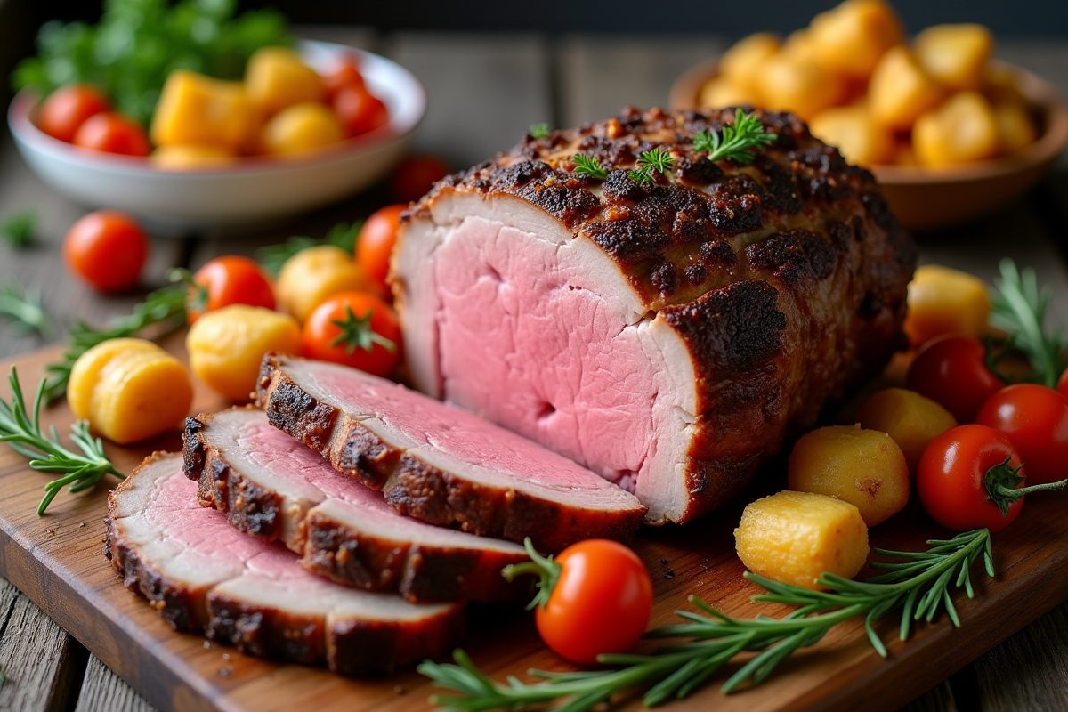 Gigot d'agneau tranché avec légumes colorés sur table rustique