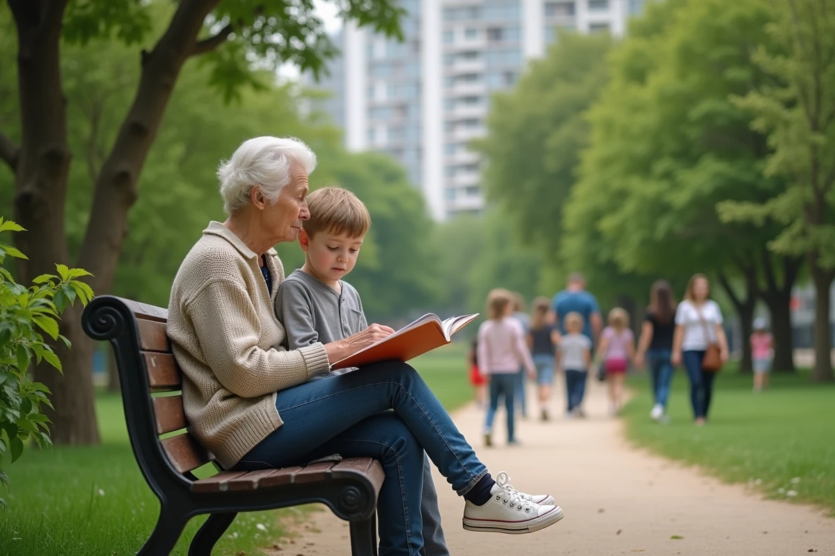 Grand-mère racontant une histoire à un garçon dans un parc