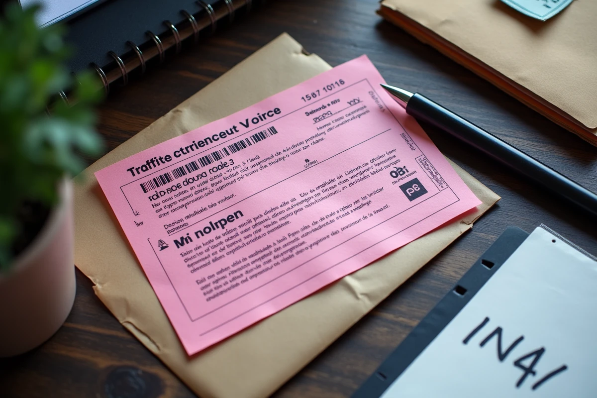 Gros plan d'une contravention de 5ème classe avec enveloppe et stylo sur une table en bois