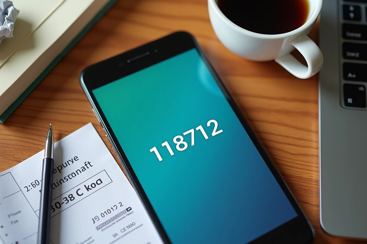 Gros plan sur un smartphone affichant le numéro 118 712 posé à côté d'une facture téléphonique sur un bureau