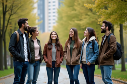 Groupe d'amis divers discutant dans un parc urbain