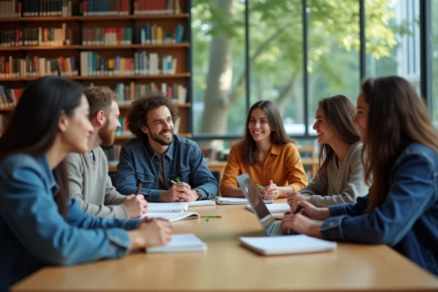 Groupe de jeunes adultes partageant idées à la bibliothèque