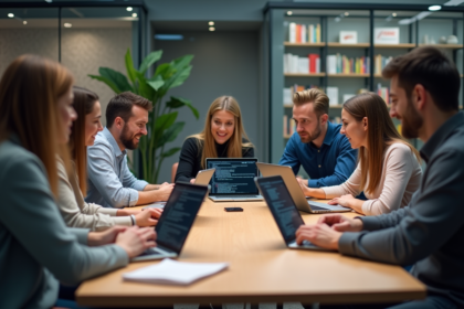 Groupe de développeurs en réunion dans un bureau moderne