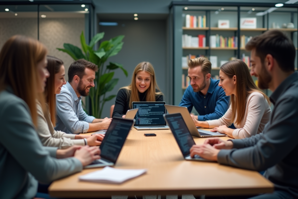 Groupe de développeurs en réunion dans un bureau moderne