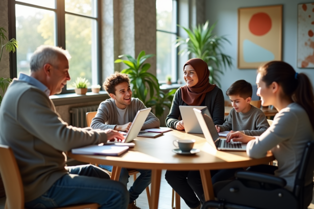 Groupe diversifié de personnes collaborant dans un bureau lumineux
