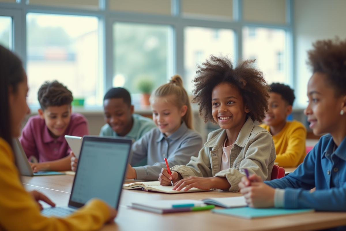 Groupe d'élèves du collège travaillant sur ordinateurs en classe